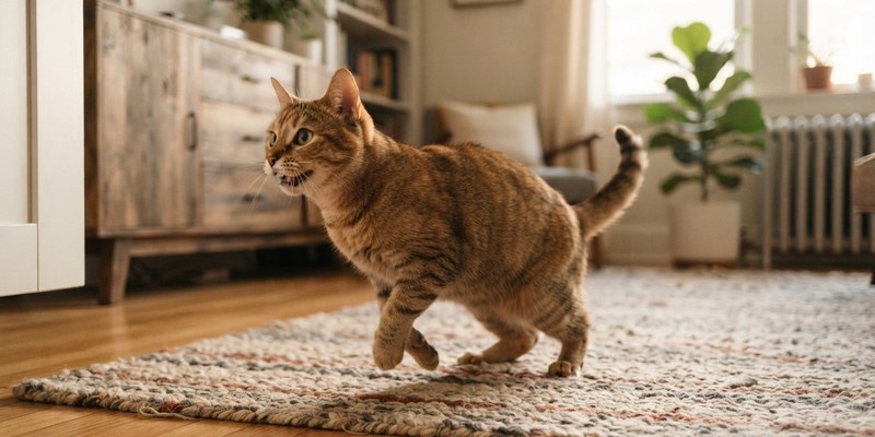 Gato levantándose de golpe en el salón al abrirse un armario fuera de plano