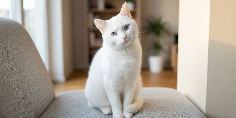 Gato blanco de pelo corto y ojos azules sentado en un sillón gris claro