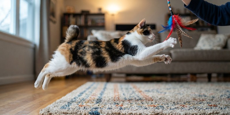 Gato bobtail japonés saltando en el aire para atrapar una caña con plumas