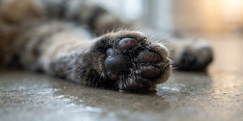 Almohadillas de las patas delanteras de un gato apoyadas sobre un suelo húmedo