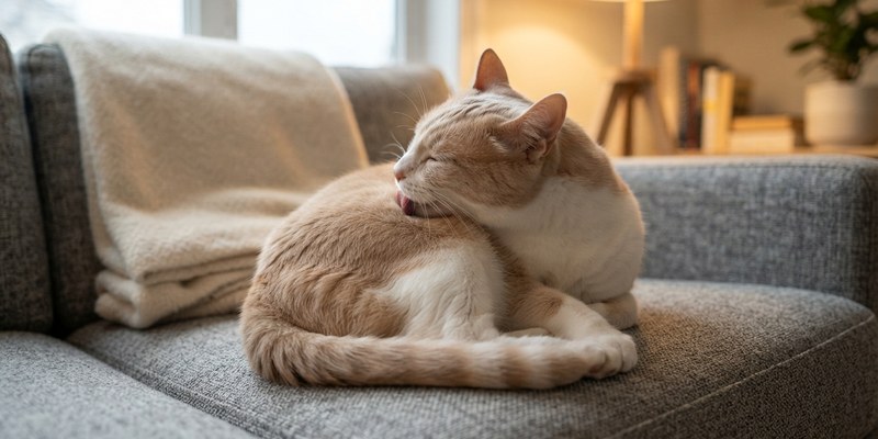 Gato crema y blanco acicalándose el hombro acurrucado en un sofá de tela gris