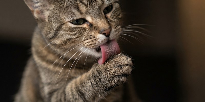 Lengua rosada de un gato pasando sobre su propia pata delantera en primer plano