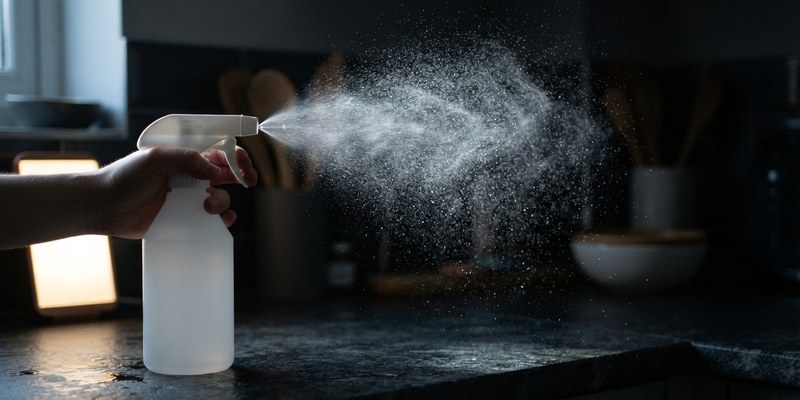 Fina niebla saliendo de un pulverizador sin etiqueta sobre la encimera de la cocina