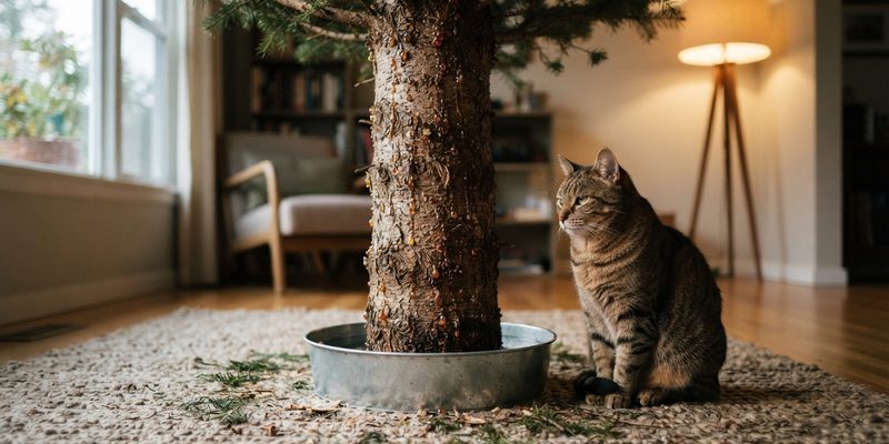 Gato sentado junto al tronco de un abeto natural con resina y agujas caídas