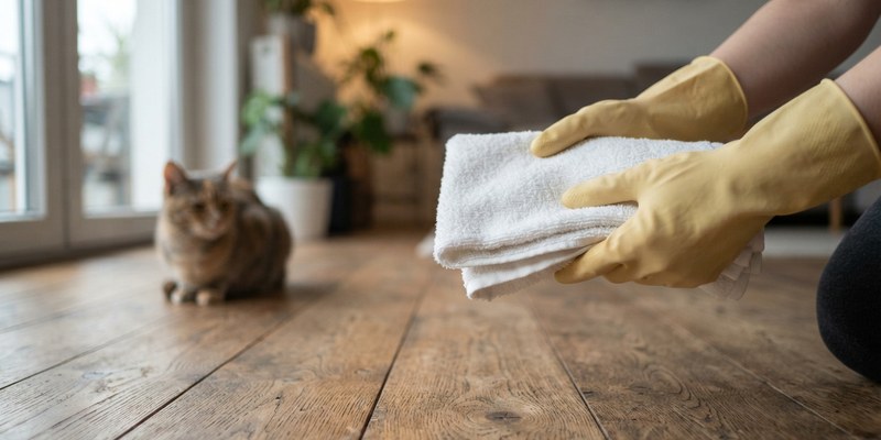 Manos con guantes de goma sosteniendo una toalla doblada con un gato tranquilo al fondo