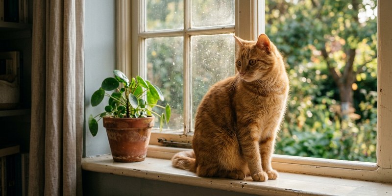 gato ventana planta