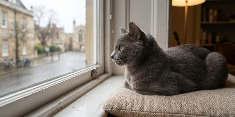 grey cat watching street