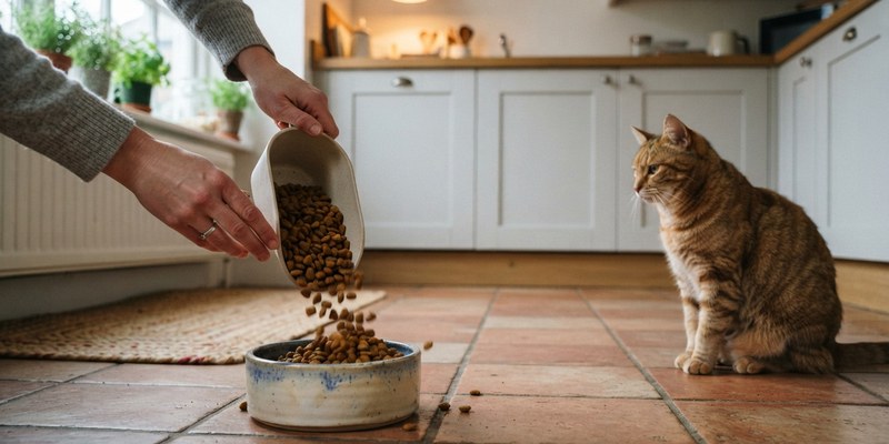 person refilling cat food