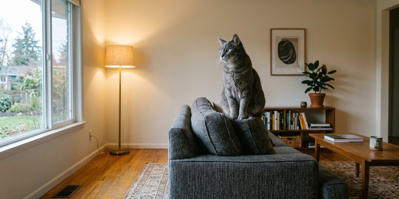 gato gris sofa