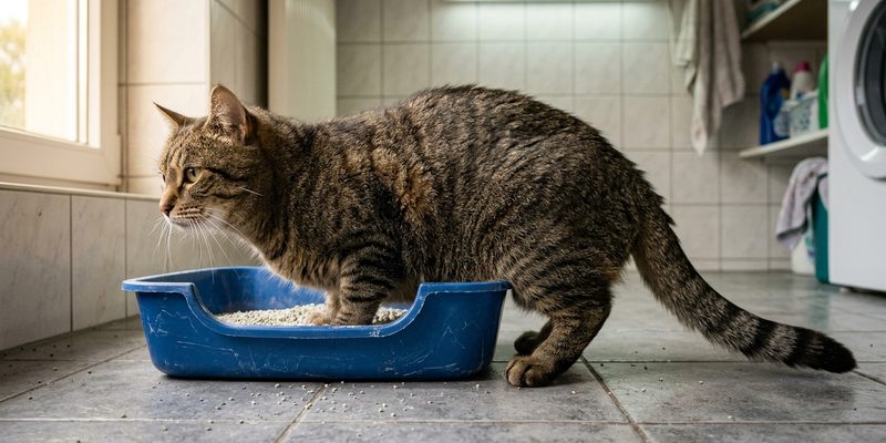 cat crouched in litter