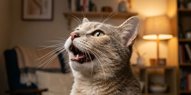 cat meowing upward