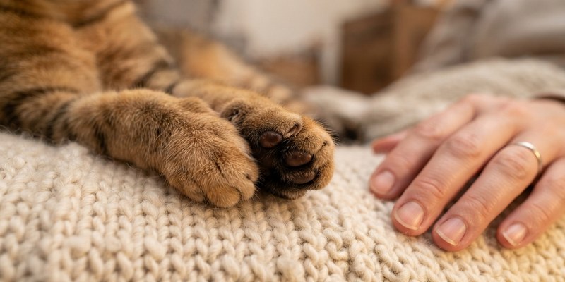 cat paws on knitted