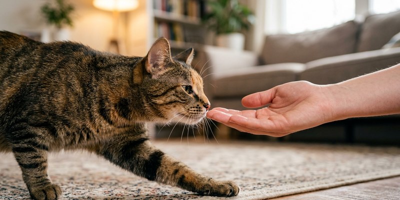 cat sniffing open hand