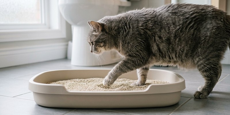 cat stepping into litter