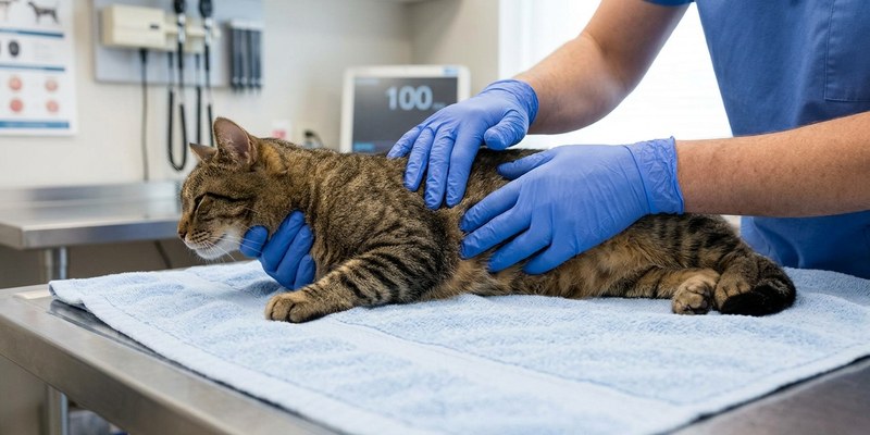 gloved hands touching cat