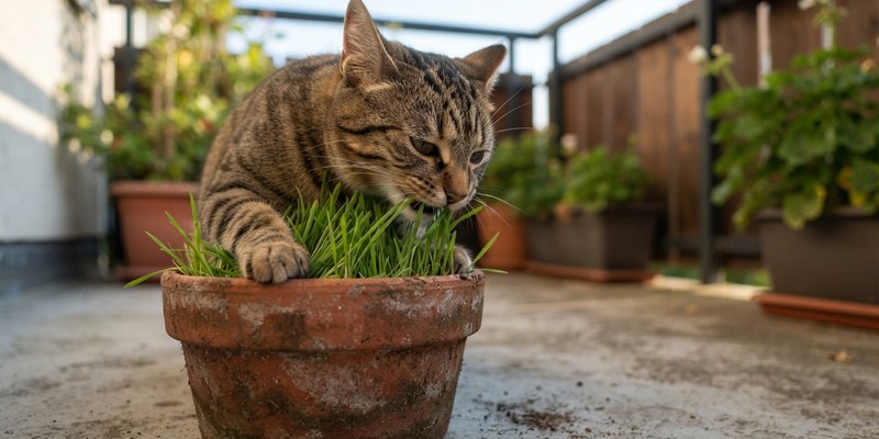tabby cat nibbling grass