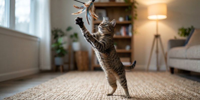 cat leaping for feather