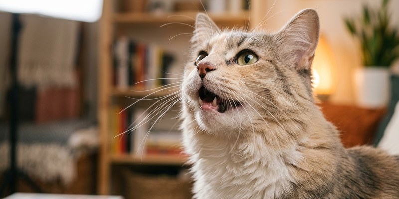 cat mid meow looking