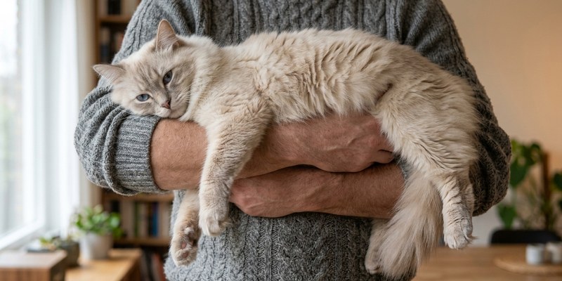 pale cat cradled in