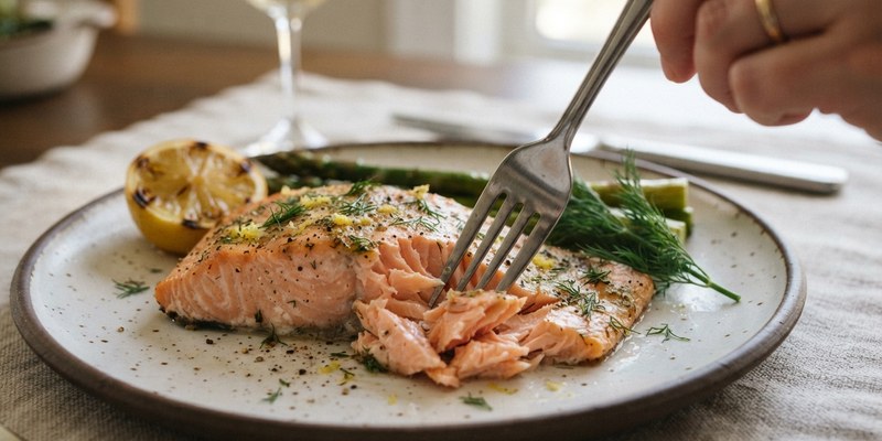 fork separating cooked salmon