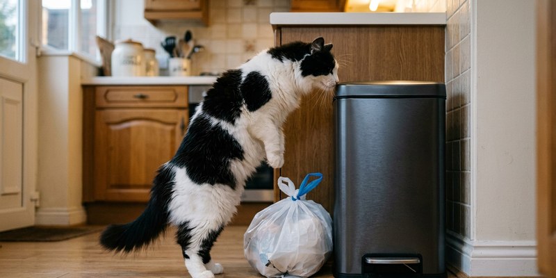 cat sniffing kitchen bin