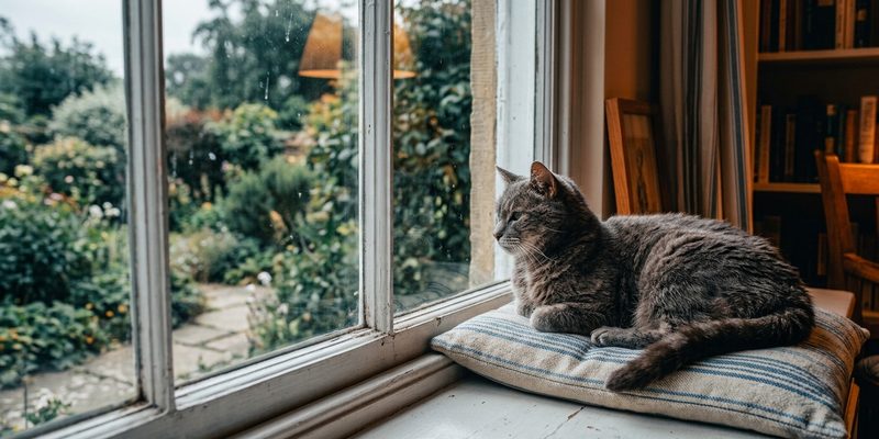Gato gris mayor descansando solo en el cojín de un alféizar mirando al jardín