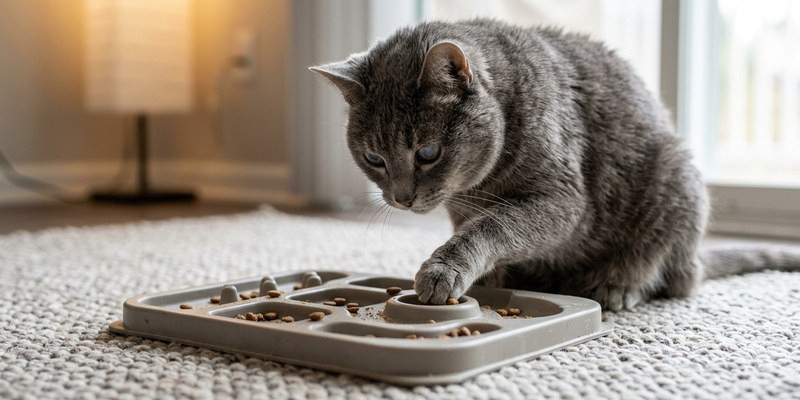 Gato gris mayor usando una bandeja de actividad baja sobre una alfombra