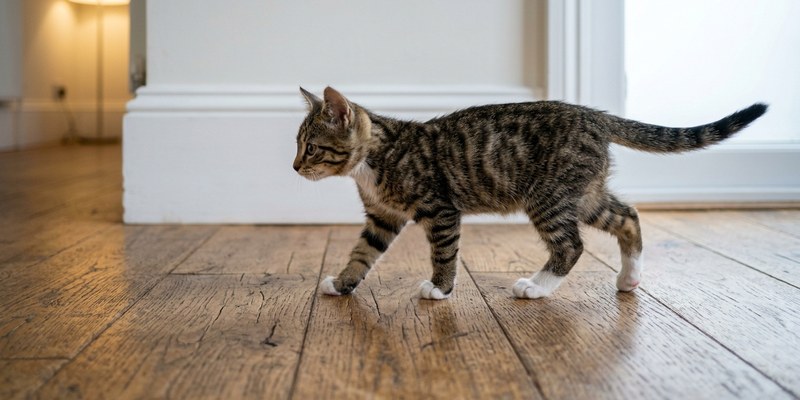 kitten walking on wooden
