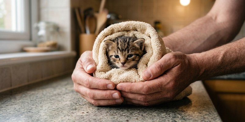 hands holding tabby kitten