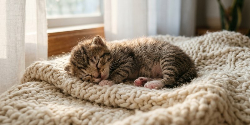 sleeping kitten on blanket