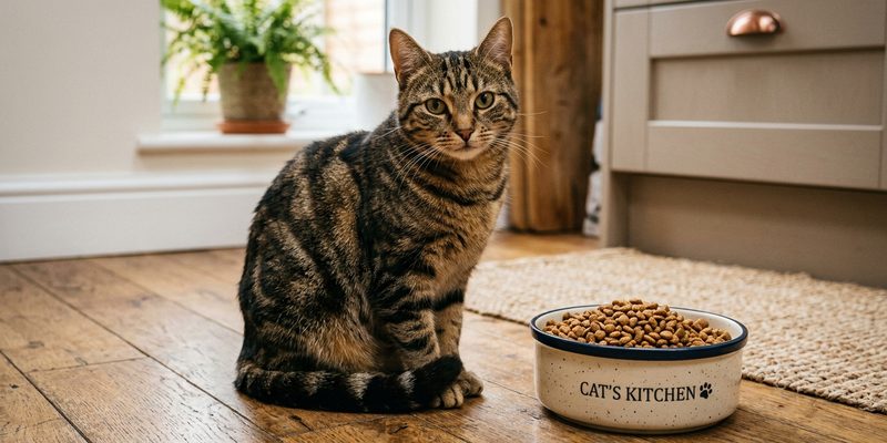 tabby cat sitting by