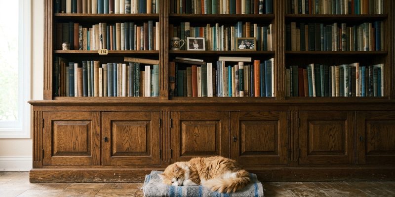 senior cat by wooden