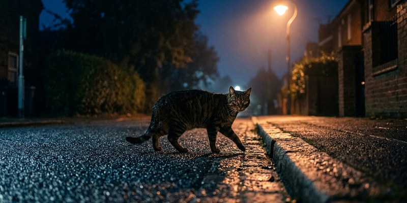 Gato oscuro cruzando una acera vacía de noche bajo una farola con el cuerpo agachado