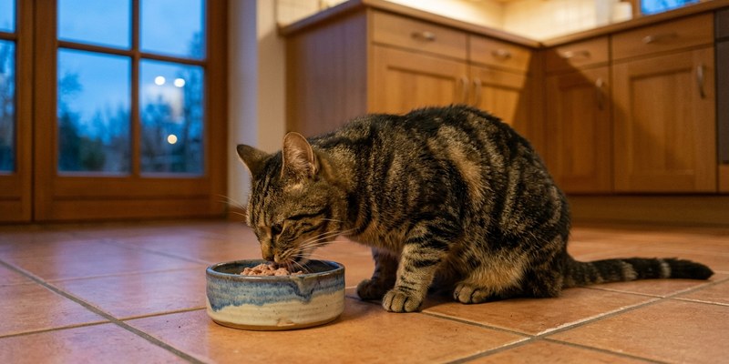Gato naranja comiendo con la cabeza baja de un cuenco en el suelo de la cocina