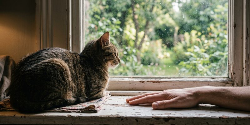 tabby cat looking out