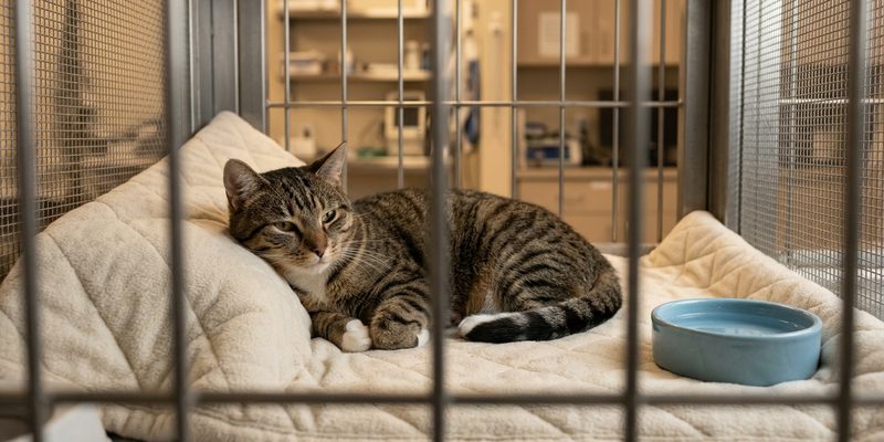Gato atigrado despierto y relajado en una jaula de hospitalización con manta y cuenco de agua