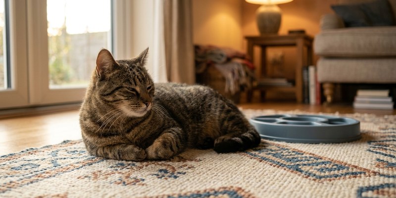 Gato atigrado gris de pelo brillante estirándose sobre una alfombra soleada