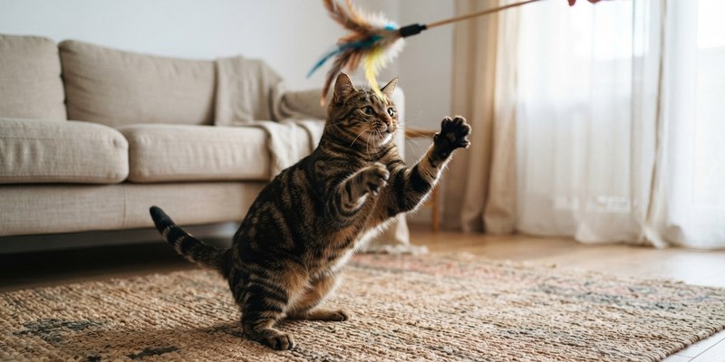 tabby cat playing with