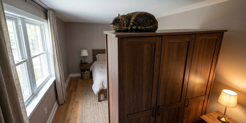 Gato atigrado dormido hecho un ovillo en lo alto de un armario de madera