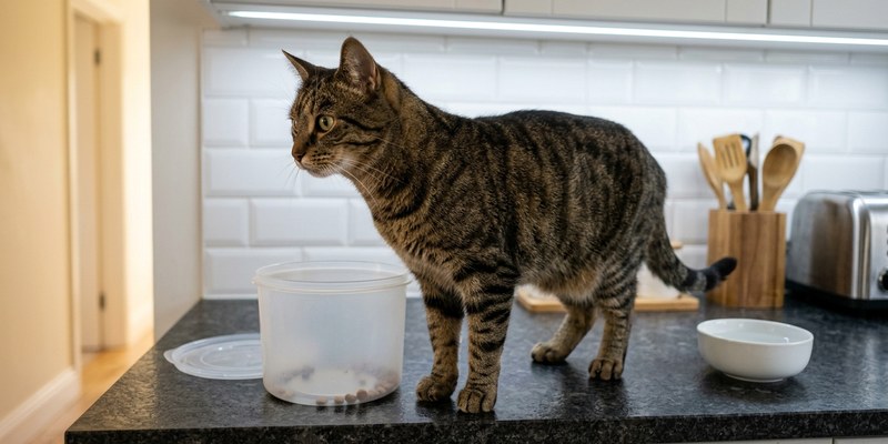 Gato atigrado sobre la encimera de la cocina junto a un recipiente de comida abierto