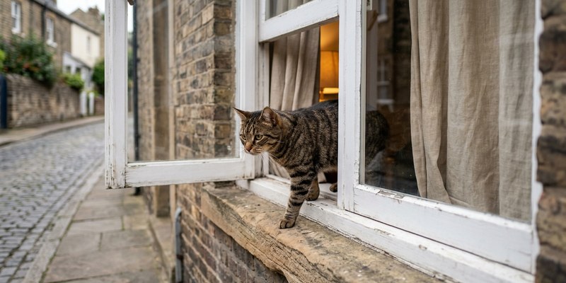Gato atigrado saliendo por una ventana entreabierta a la repisa de un bajo