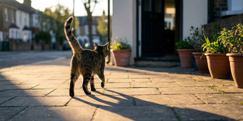 Gato atigrado alejándose por una acera soleada con la cola levantada hacia un portal abierto