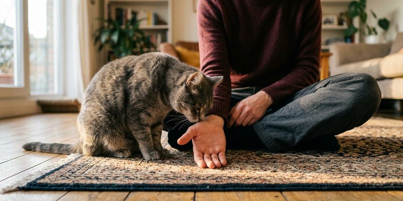 person sitting beside cat