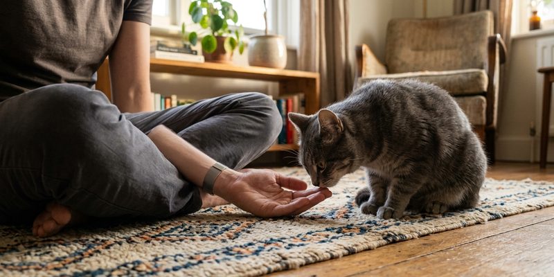 person sitting beside cat