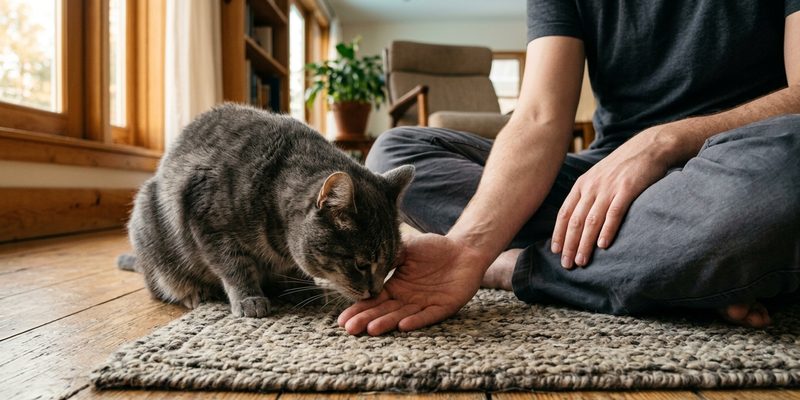 person sitting beside cat