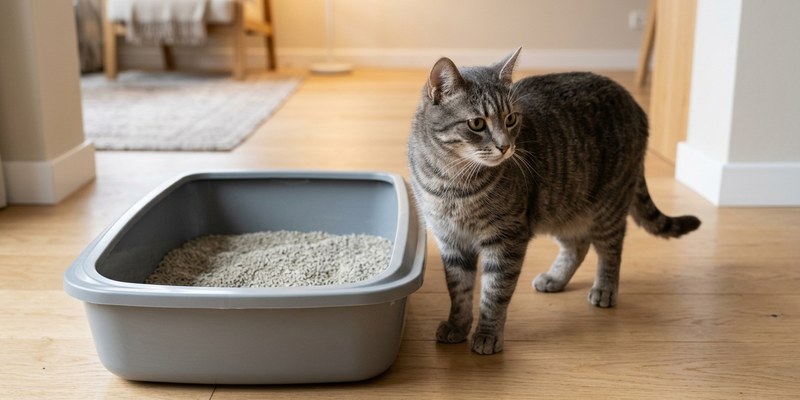 cat standing beside litter