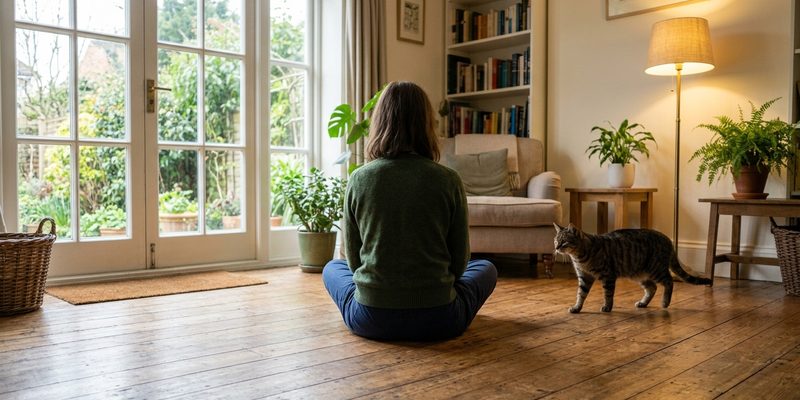 person and cat on