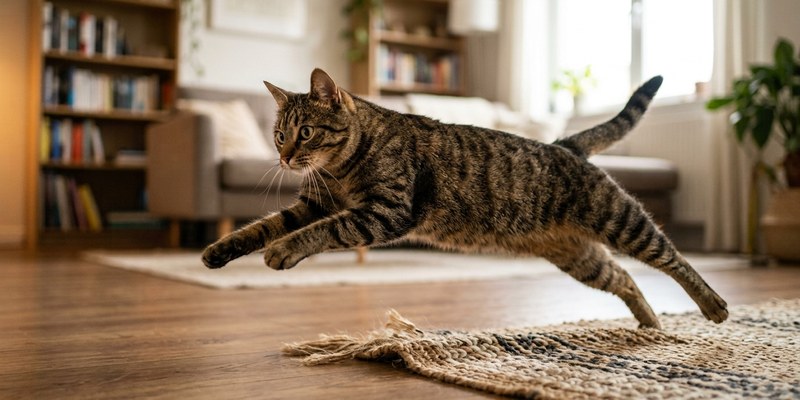 cat launching off rug