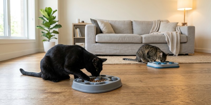 Dos gatos comiendo de comederos puzle separados en extremos distintos del salón