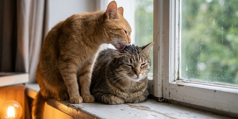 Dos gatos acicalándose en el alféizar de una ventana, uno lame la cabeza del otro